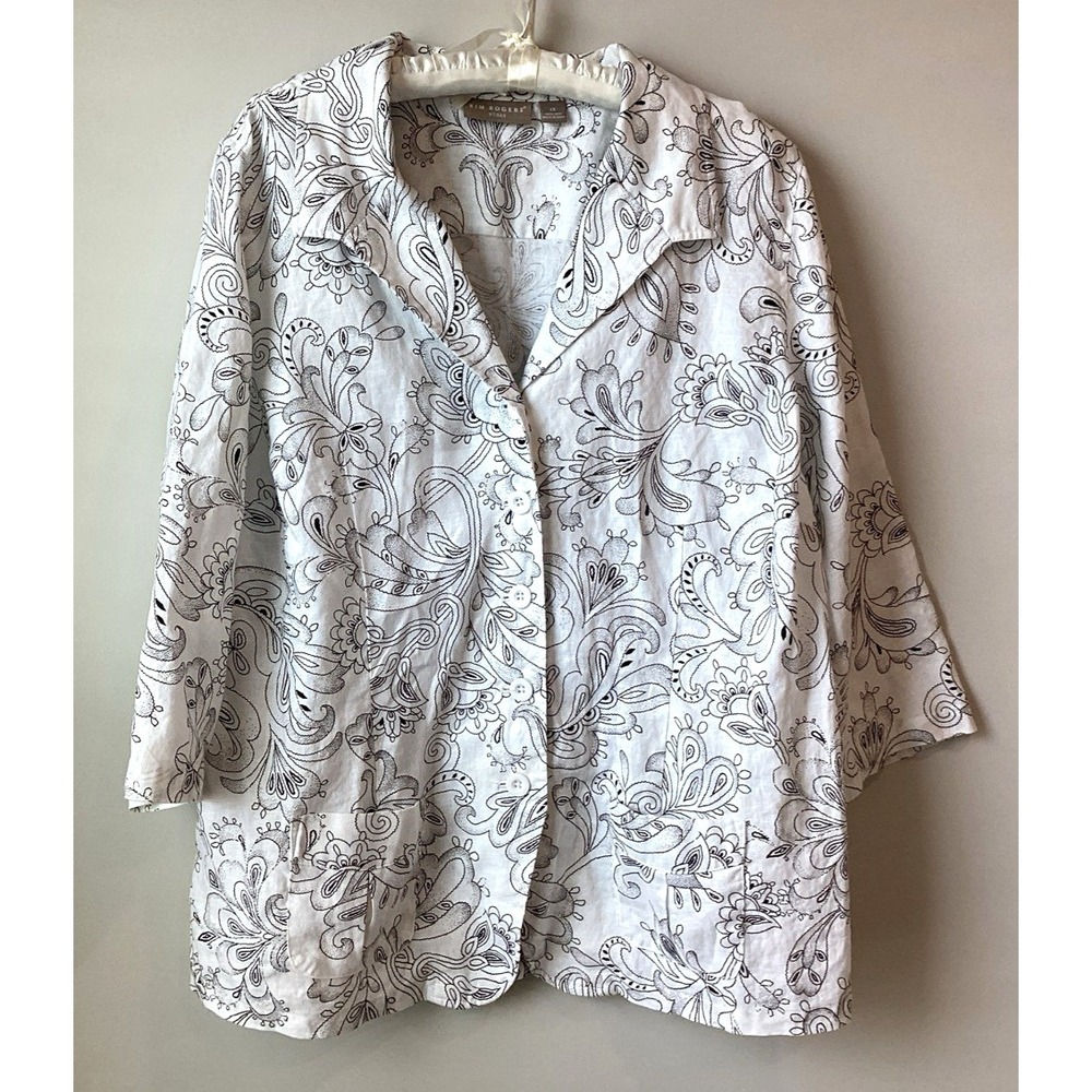 Kim Rogers Women's 1X 100% Linen Button Up Blouse Black White Lagenlook Artsy